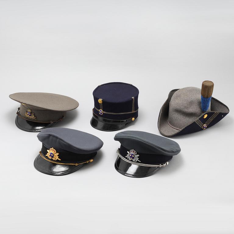 Five hats for the swedish army, 20th century.