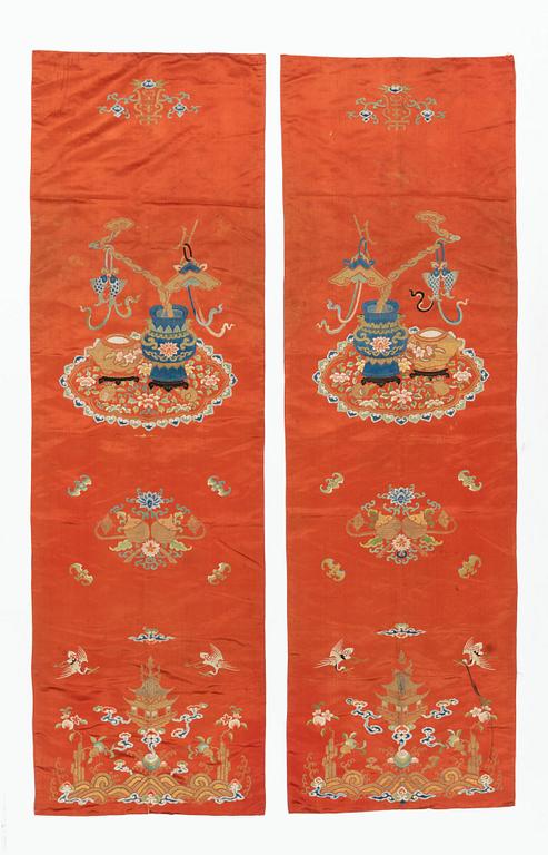 Two Chinese embroidered silk panels, Qing dynasty, 19th Century.