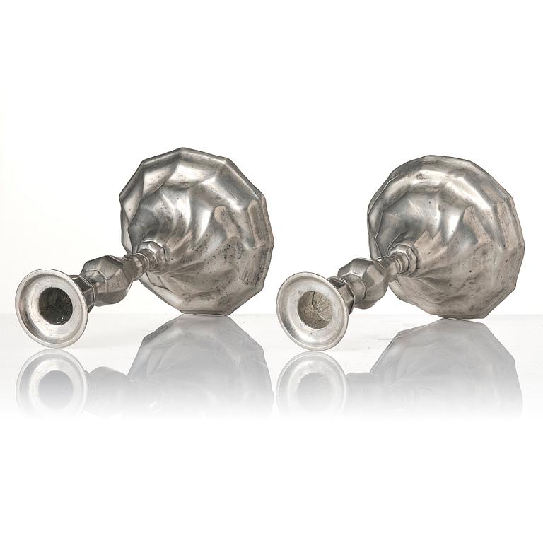 A pair of Rococo pewter candlesticks by G. Östling, Vimmerby (active 1762-90).