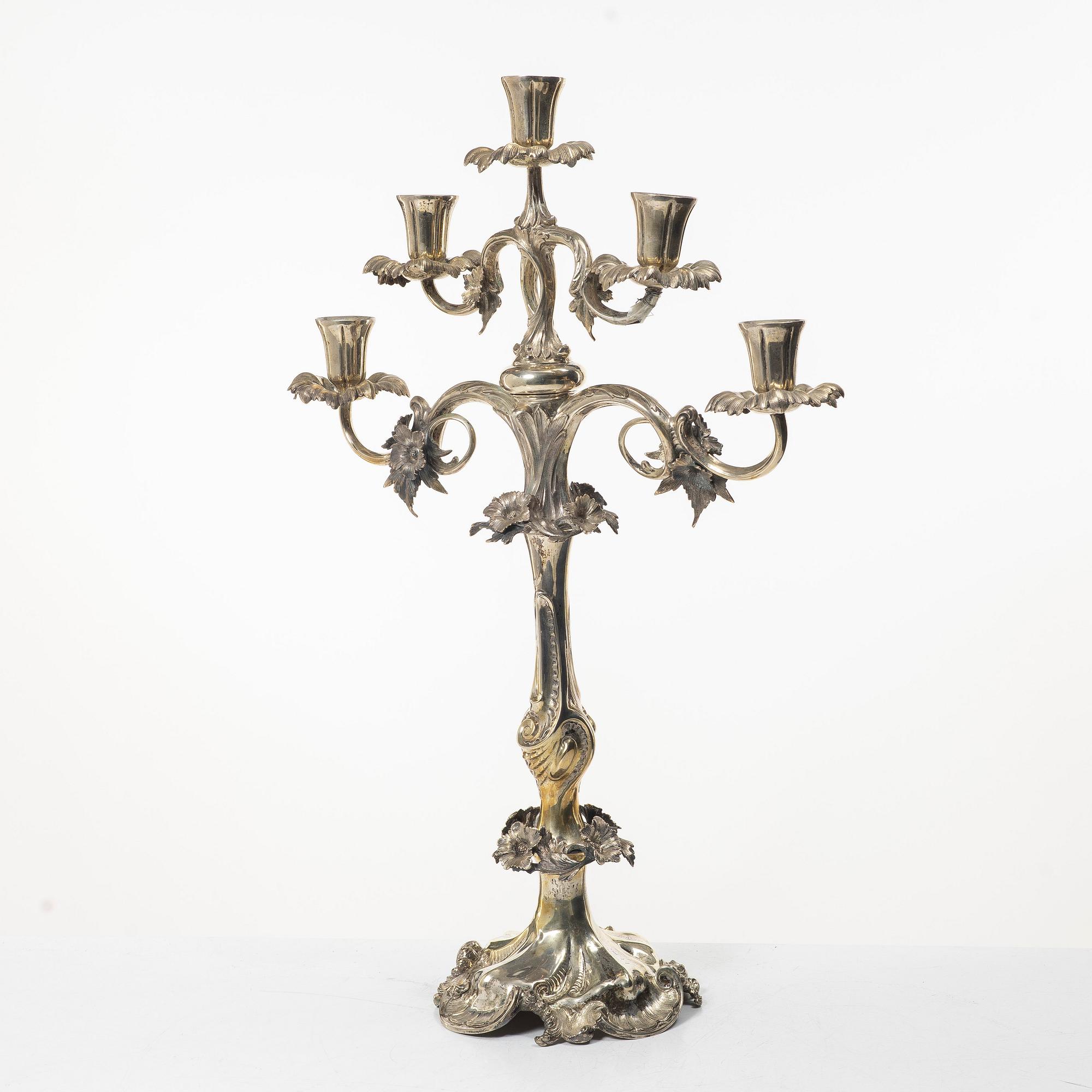 Candelabrum, nickel silver, Rococo style, circa 1900.