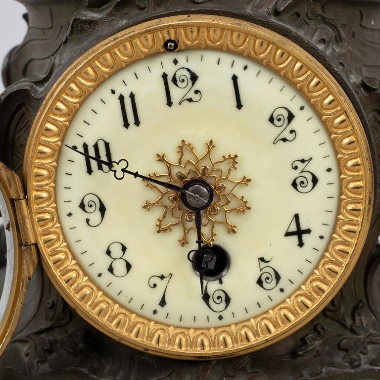 A bronze, green stone table clock, 'La Merveilleuse', after Auguste Moreau, 20th century.