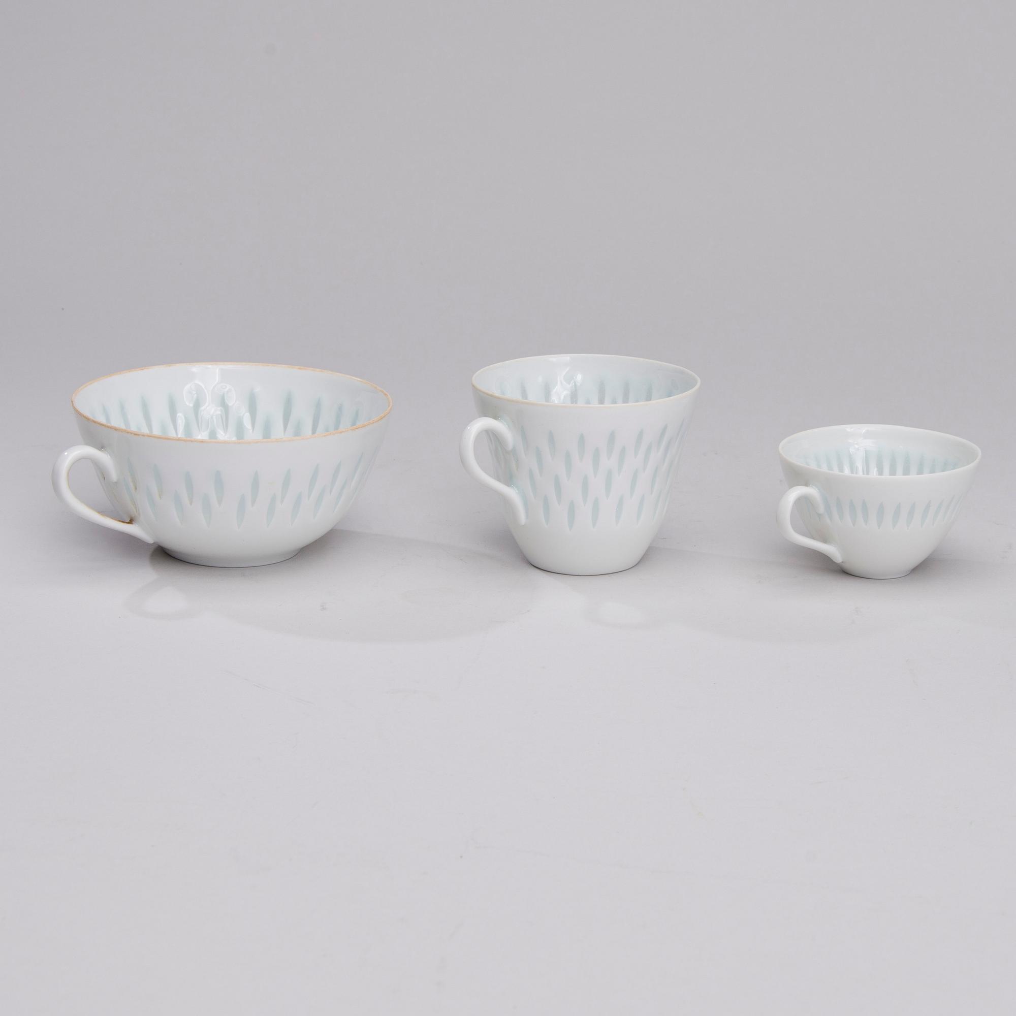 KAFFE-, TE- och MOCCASERVIS, 22 delar, risporslin, Friedl Holzer-Kjellberg, signerade i godset F.H.Kj. Arabia Finland.