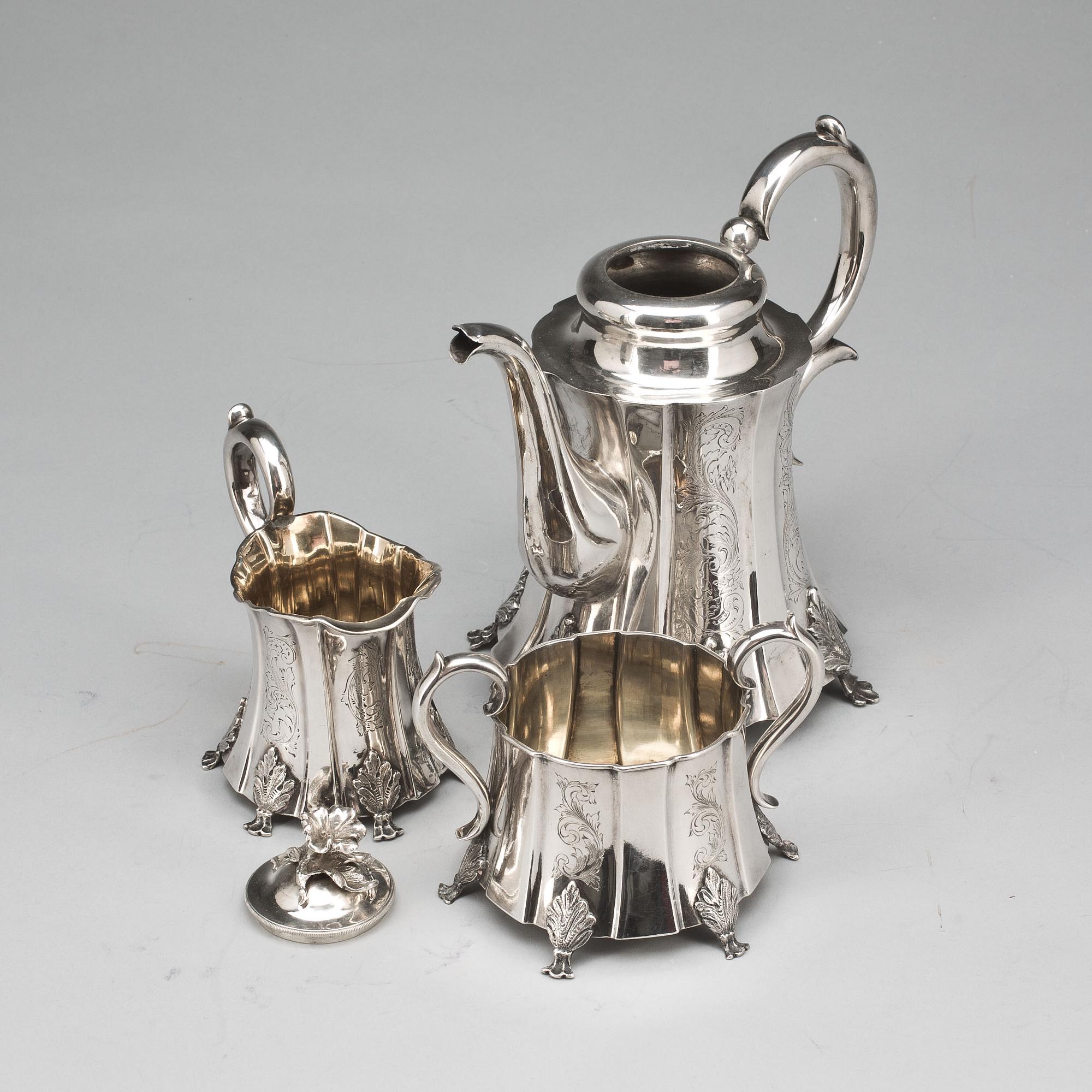 KAFFESERVIS, 3 delar, silver, Edvard Fröberg, Skänninge, 1856, vikt ca 900g.