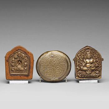 677. Two Tibetan travel shrines and a box with cover, 19th Century or later.