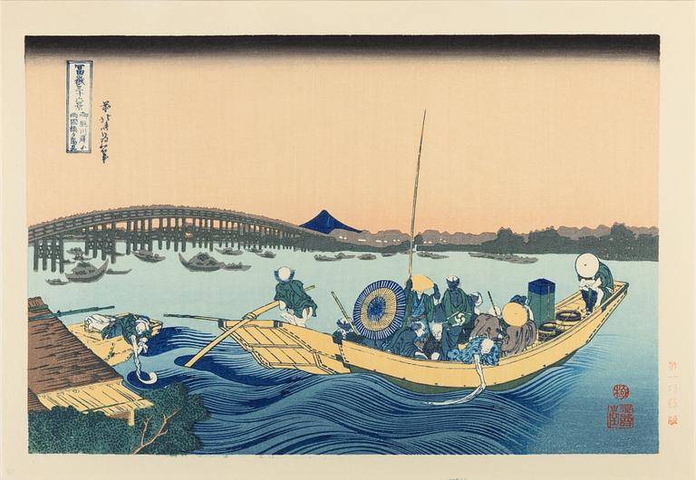 Katsushika Hokusai, after, a set of six woodblock prints in colours, later part of the 20th Century.