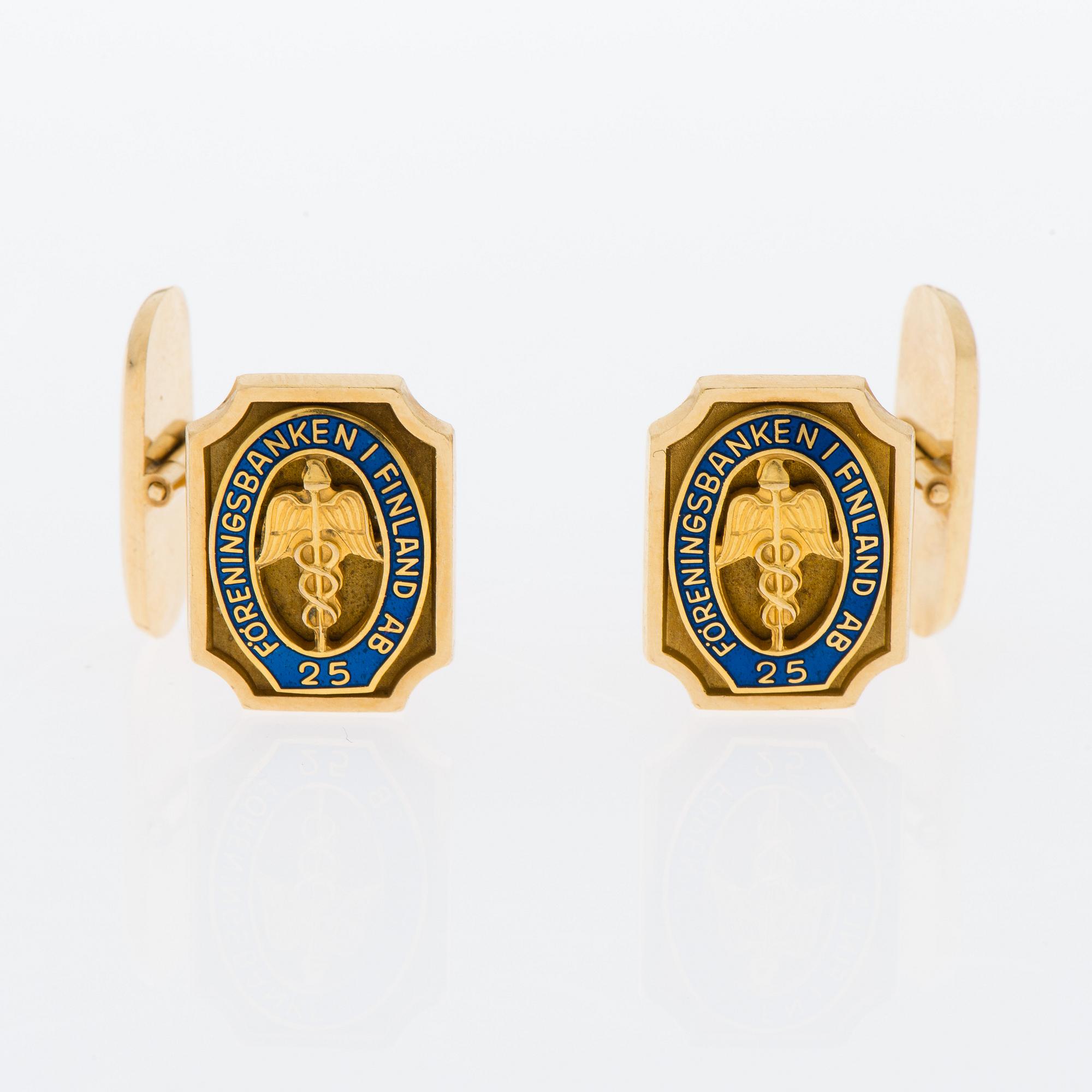 MANSCHETTKNAPPAR, ETT PAR, guld 18 k och emalj, Auran kultaseppä, Åbo 1983, vikt 14 g.