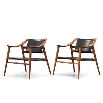 Adolf Relling & Sigurd Resell, a pair of teak and leather "56/2 Bambi-series armchairs, Norway 1950-60's,