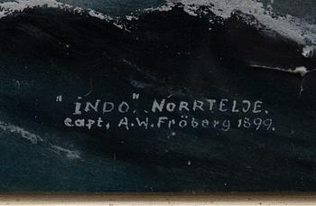 GUSTAF FREDRIKSSON, akvarell med täckvitt, signerad och märkt "Indo", Norrtelje, Capt. A.W. Fröberg 1899.