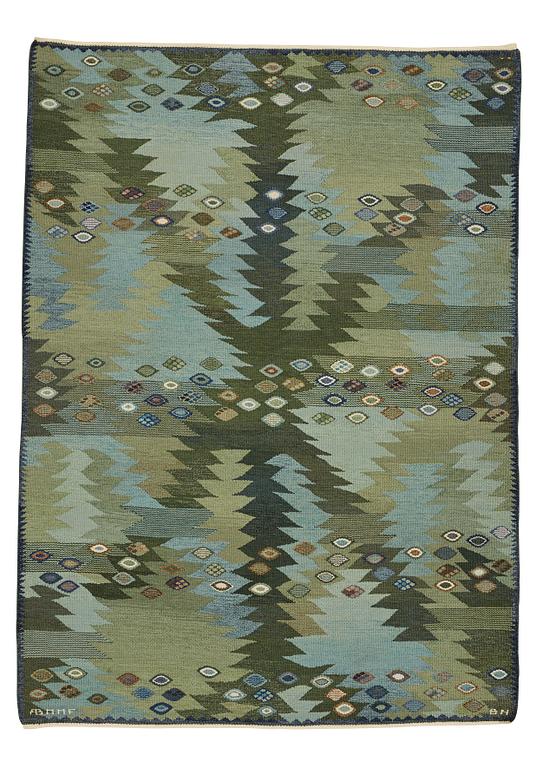 Barbro Nilsson, A carpet, "Tånga grön", flat weave, ca 234 x 169-171 cm, signed AB MMF BN.