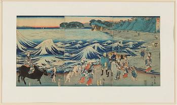 ANDO UTAGAWA HIROSHIGE, triptyk, träsnitt, troligen 1800-talets andra hälft.