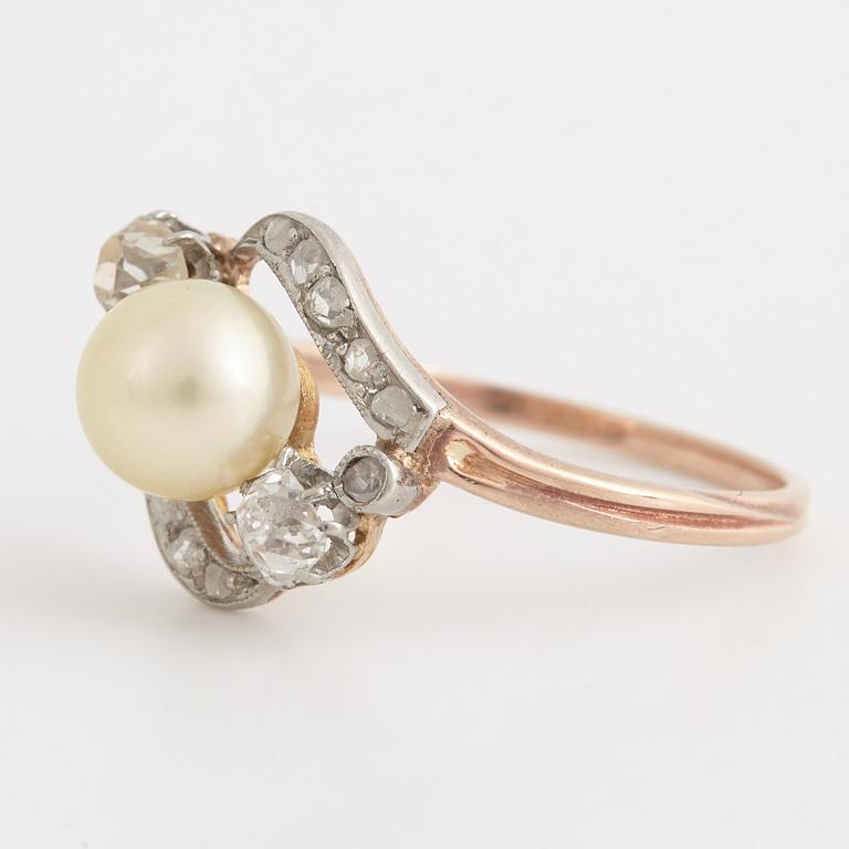 Pearl, old-cut and rose-cut diamond ring.