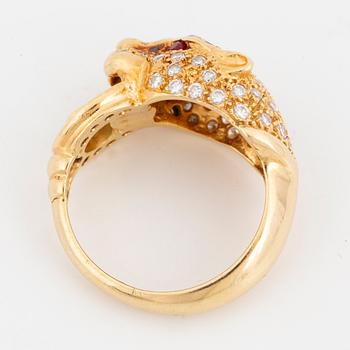 18K gold brilliant-cut diamond, ruby and emerald tiger ring.