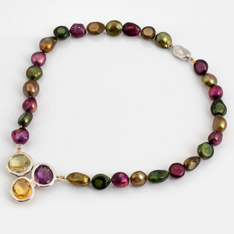 Cultured dyed freshwater pearl necklace, clasp with amethyst, prasiolite and citrine.