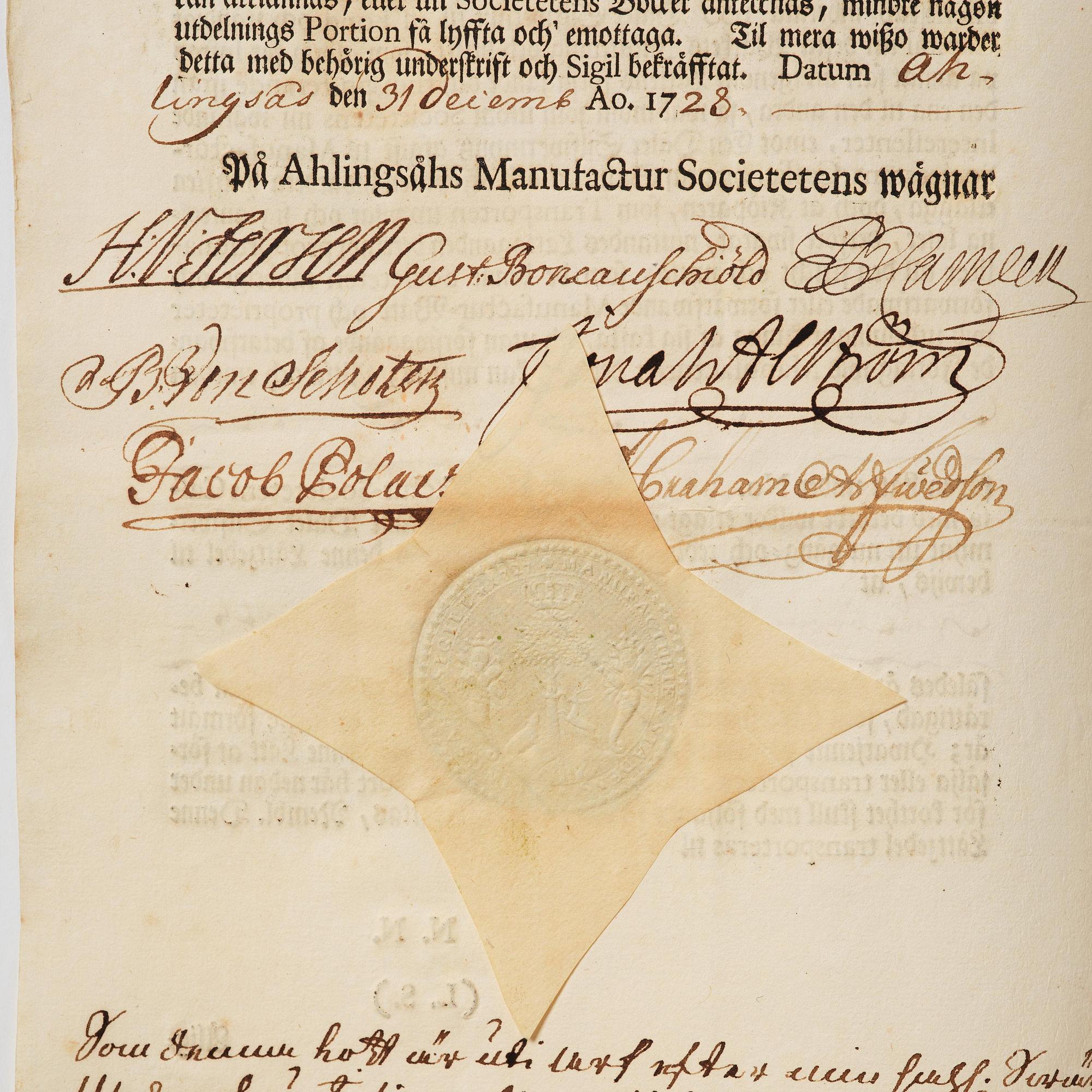 A Swedish share certificate, Ahlingsåhs Manufaktur Werk, No 526, 1728.