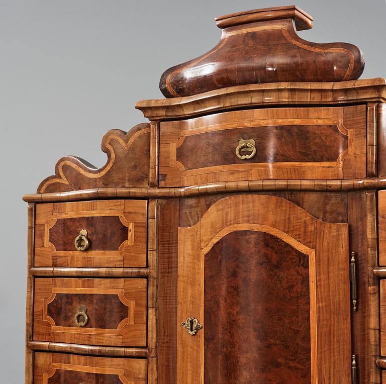 A South German late Baroque walnut and burr-walnut writing cabinet, first part of the 18th century.