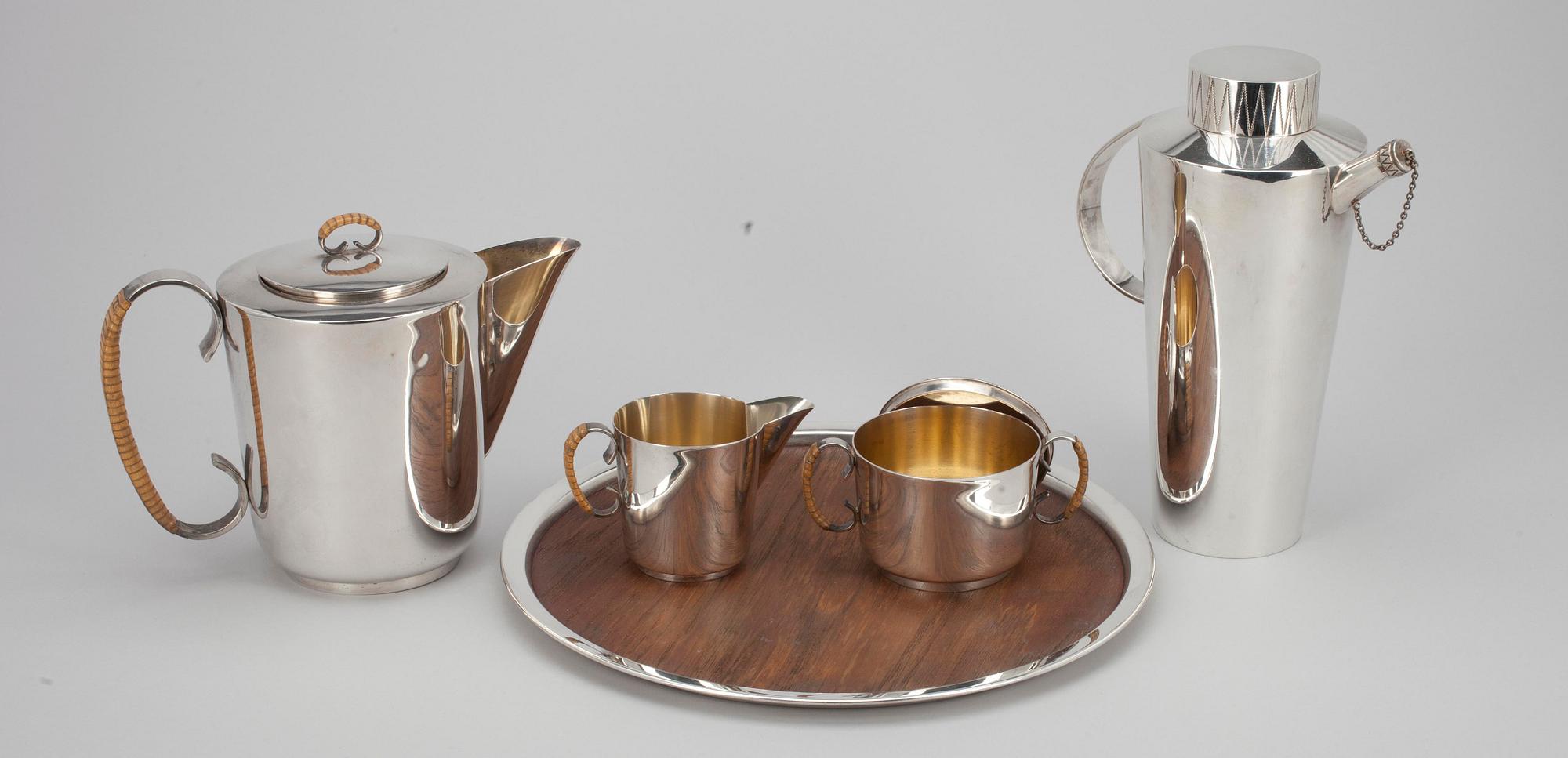 KAFFESERVIS, 3 delar, BRICKA och SHAKER, alpacka. Helsingfors 1900-talets mitt.