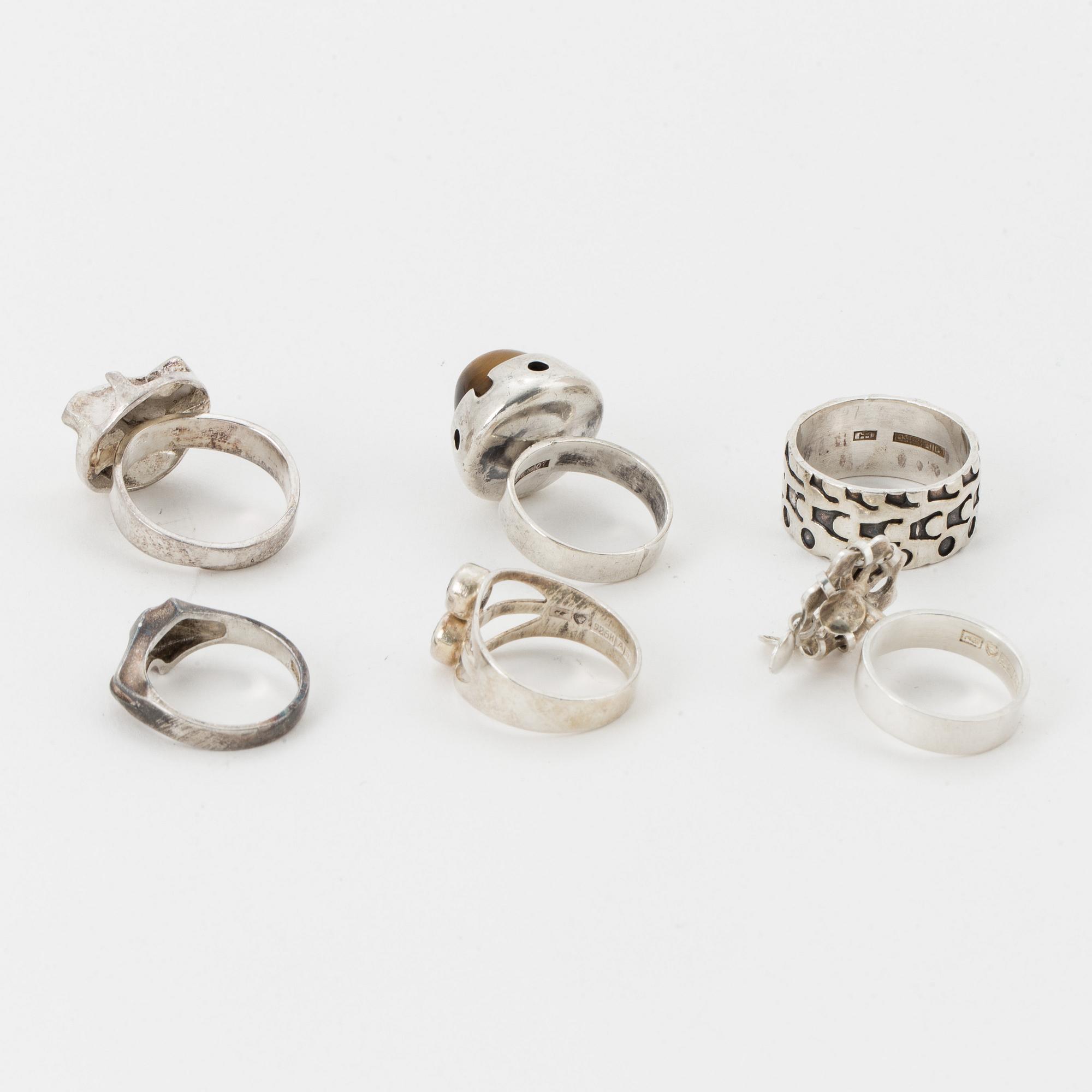 Six silver rings, Finnish marks, one Lapponia.