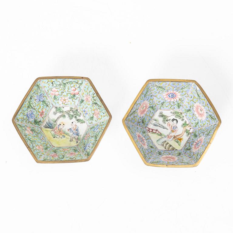 A set of six Chinese enamel on copper bowls and a dish, Qing dynasty and 20th century.