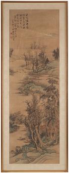 Rullmålning, färg och tusch på siden. Signerad Lan Meng (1644-1722), men senare, Qing dynastin.