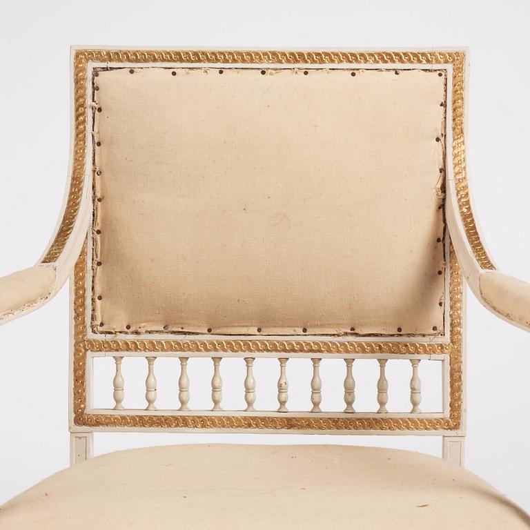 A pair of Gustavian open armchairs by J. Lindgren (master in Stockholm 1770-1800).