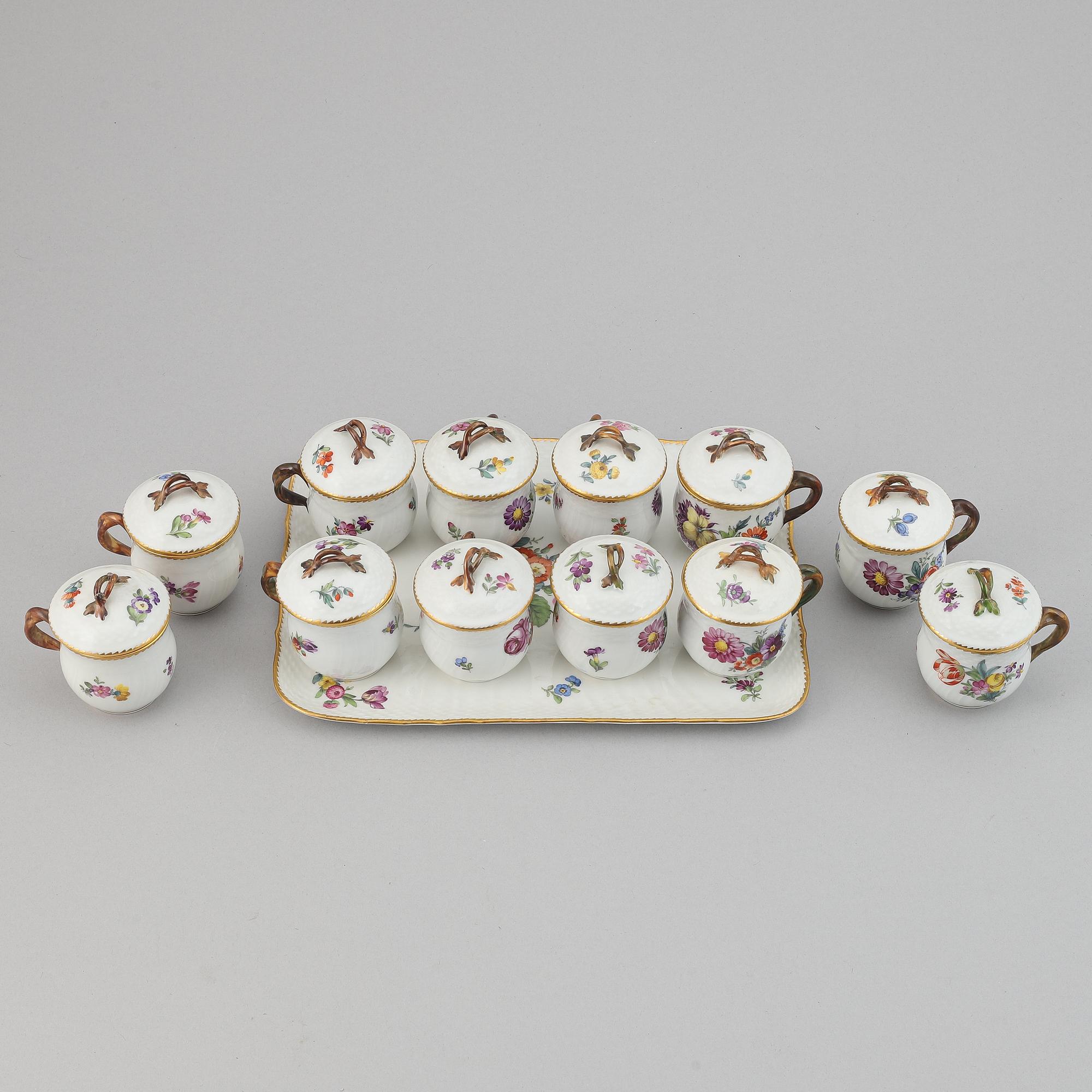Twelve cream cups with tray, 'Saxon flowers' from Royal Copenhagen.