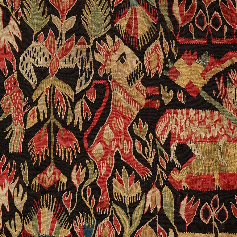 A carriage cushion, tapestry weave, "Lammet och fanan", ca 45-47 x 97,5-98 cm, Torna or Bara district,