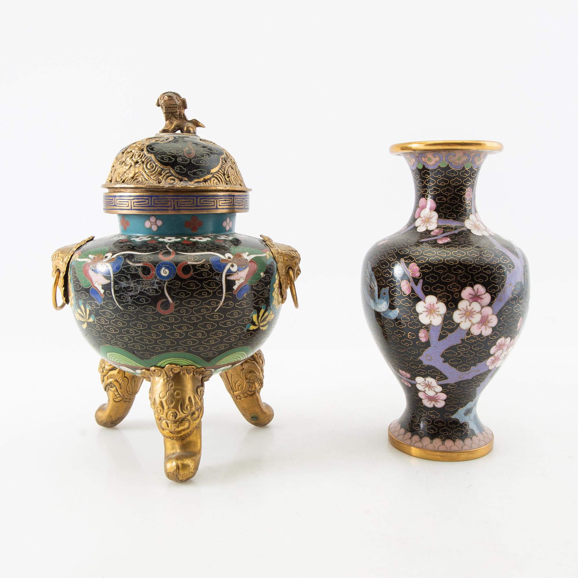 Vases 3 pcs and incense burner China cloisonné works 20th century.