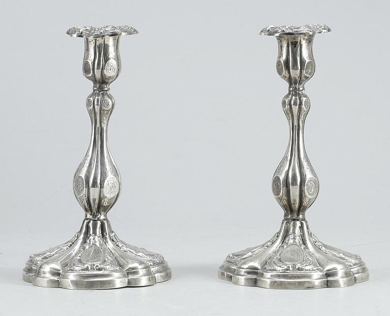 LJUSSTAKAR, ett par, silver, Carl Johan Kling, Gällivare, troligen 1857.