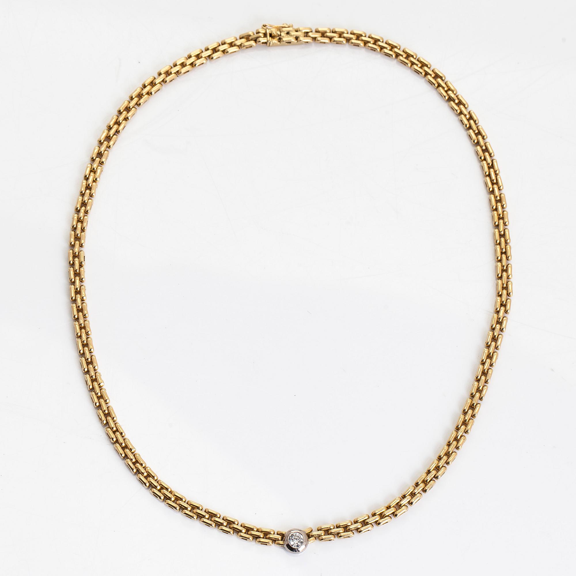 Necklace, set with a brilliant-cut diamond, and bracelet, 18K gold. Finnish import marks 1990.