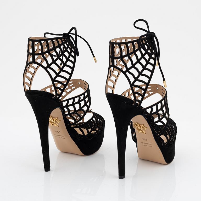 Charlotte Olympia, a pair of black suede spiderweb sandals. Size 36 1/2.