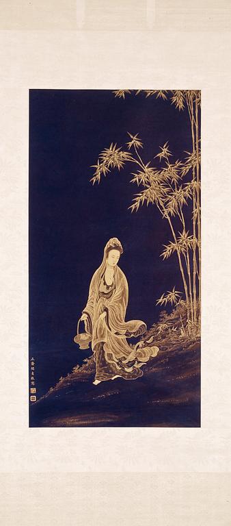 A fine painting of Guanyin by Min Zhen (1730-c. 1788), gold on deep blue paper, signed 'Zheng Zhai Min Zhen jing xie'.