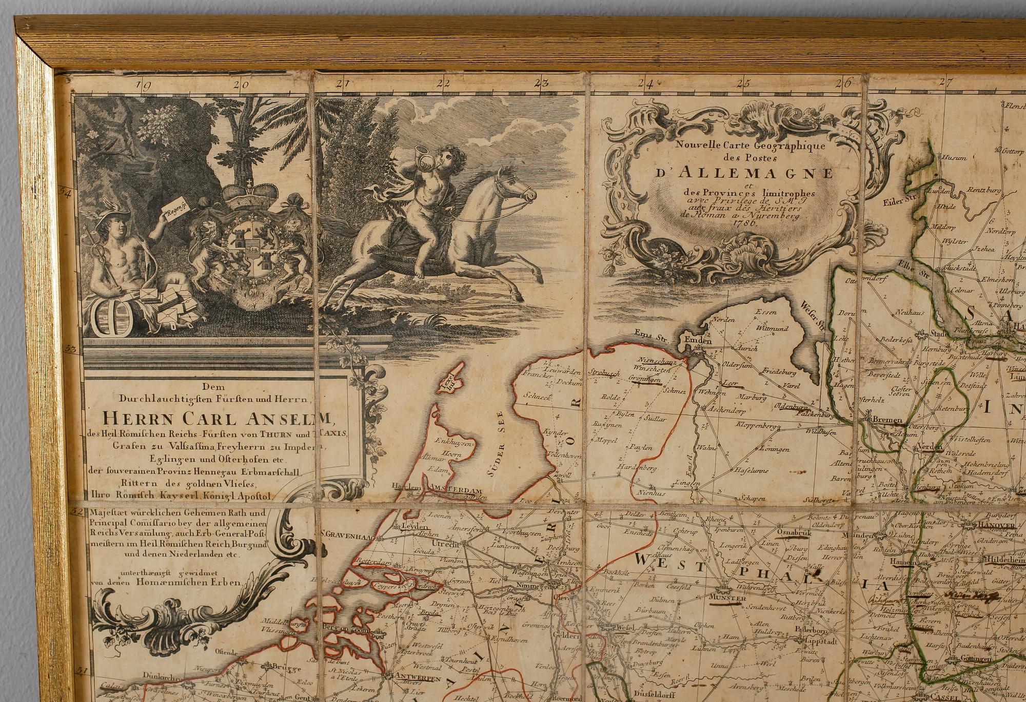 KARTA, kopparstick på duk, Postkarte durch ganze Deutschland, Nürnberg 1786.