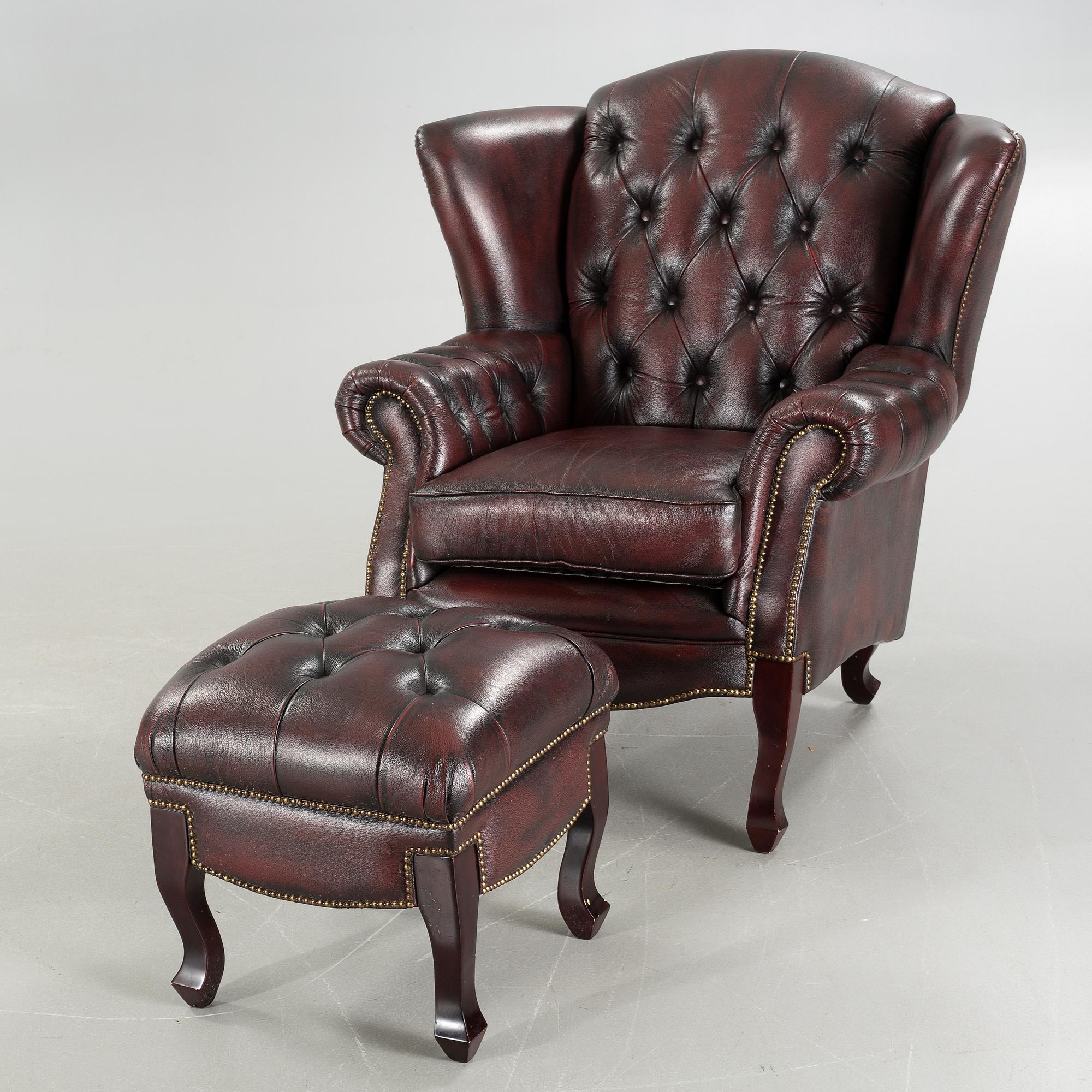 ARMCHAIR with STOOL, Chesterfield model, "Möbel Art", 20th century later part.