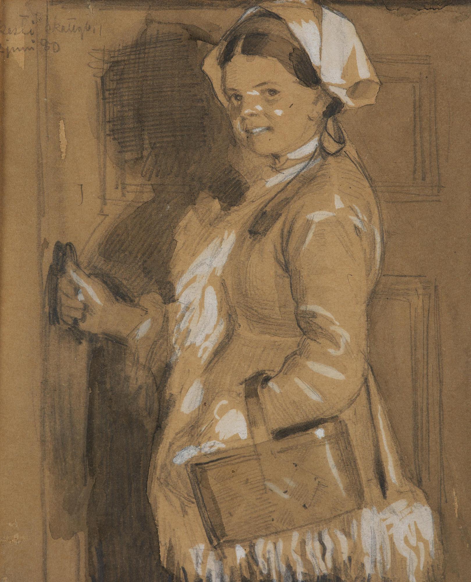 Anders Zorn, "Orsakulla vid dörr med korg på armen".