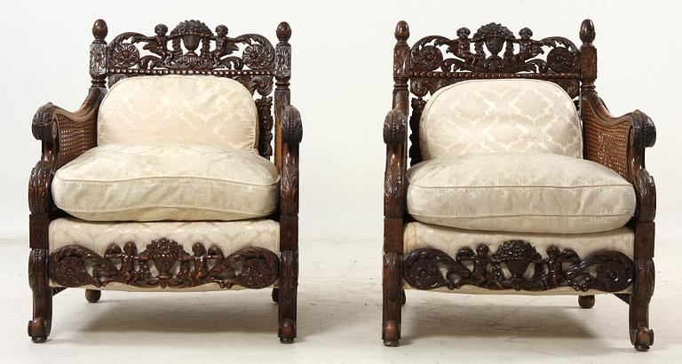 SOFFA, samt FÅTÖLJER, ett par, Barockstil, 1900-talets första hälft.