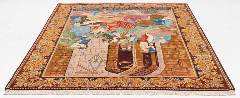 Rug, Tabriz, figural, signed, approx. 285 x 196 cm.