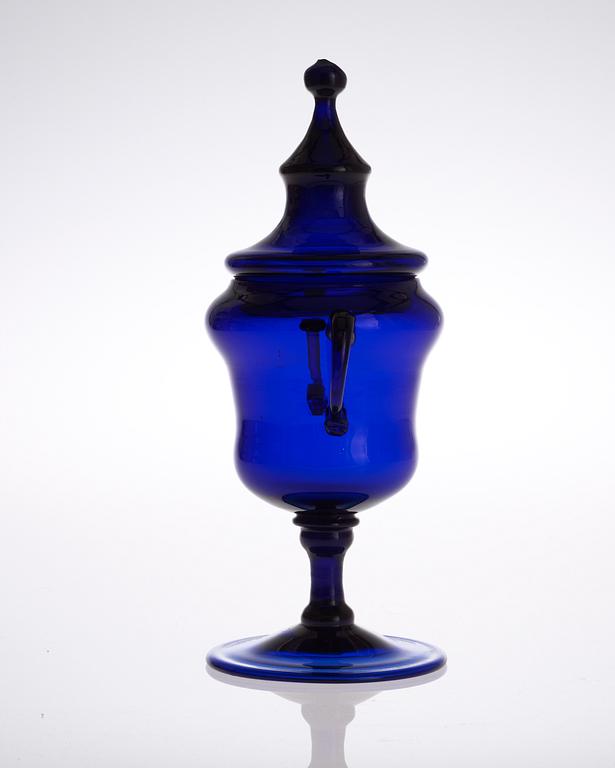 A blue glass jar with cover, 18th Century, presumably Norweigan and Hurdahl manufactory.