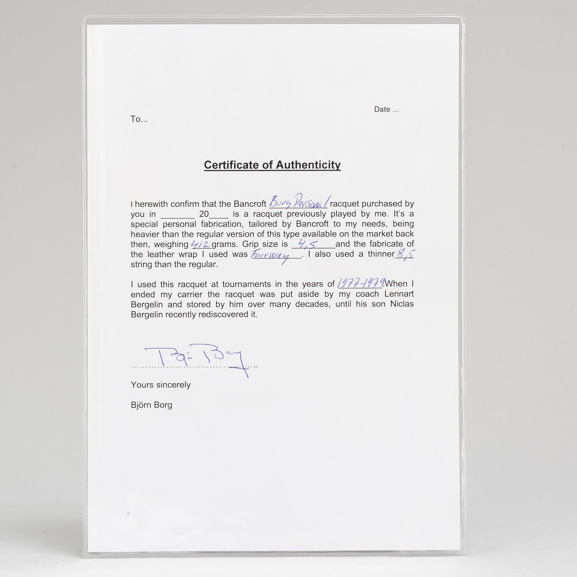 BJÖRN BORG, tennisracket, Bancroft Borg Personal, 1977-1979.