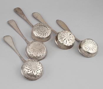 SOCKERSTRÖARE, 5 st, silver, Sverige, 1700 och 1800-tal, vikt 264 g.