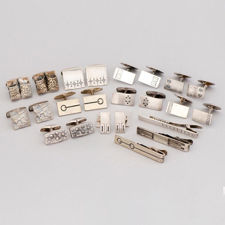 CUFFLINKS, 10 pairs, and TIEPINS, 3 pcs, silver. Finland 1960/70s.