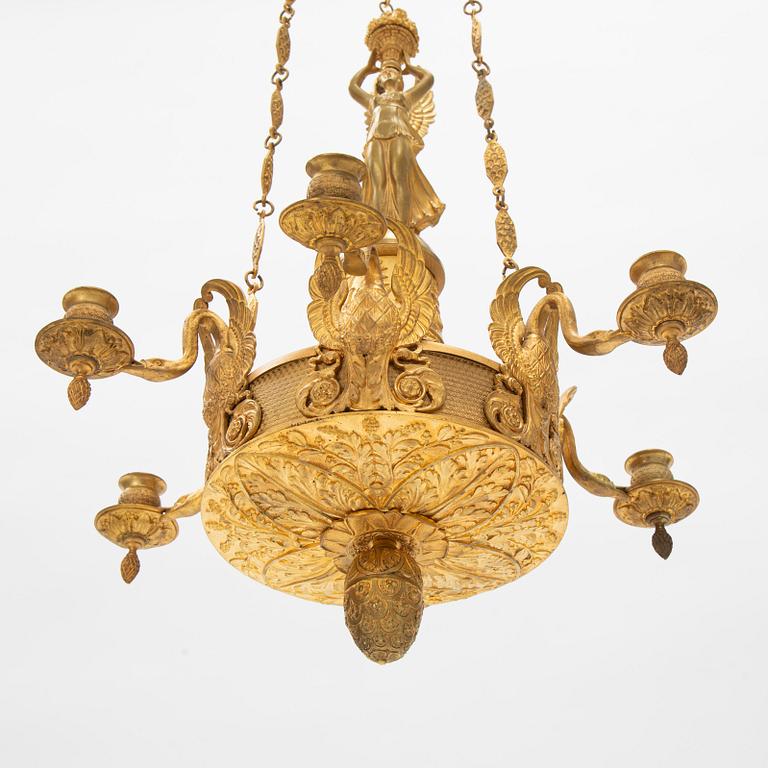 A presumably Italian Empire six-light ormolu chandelier, early 19th century.