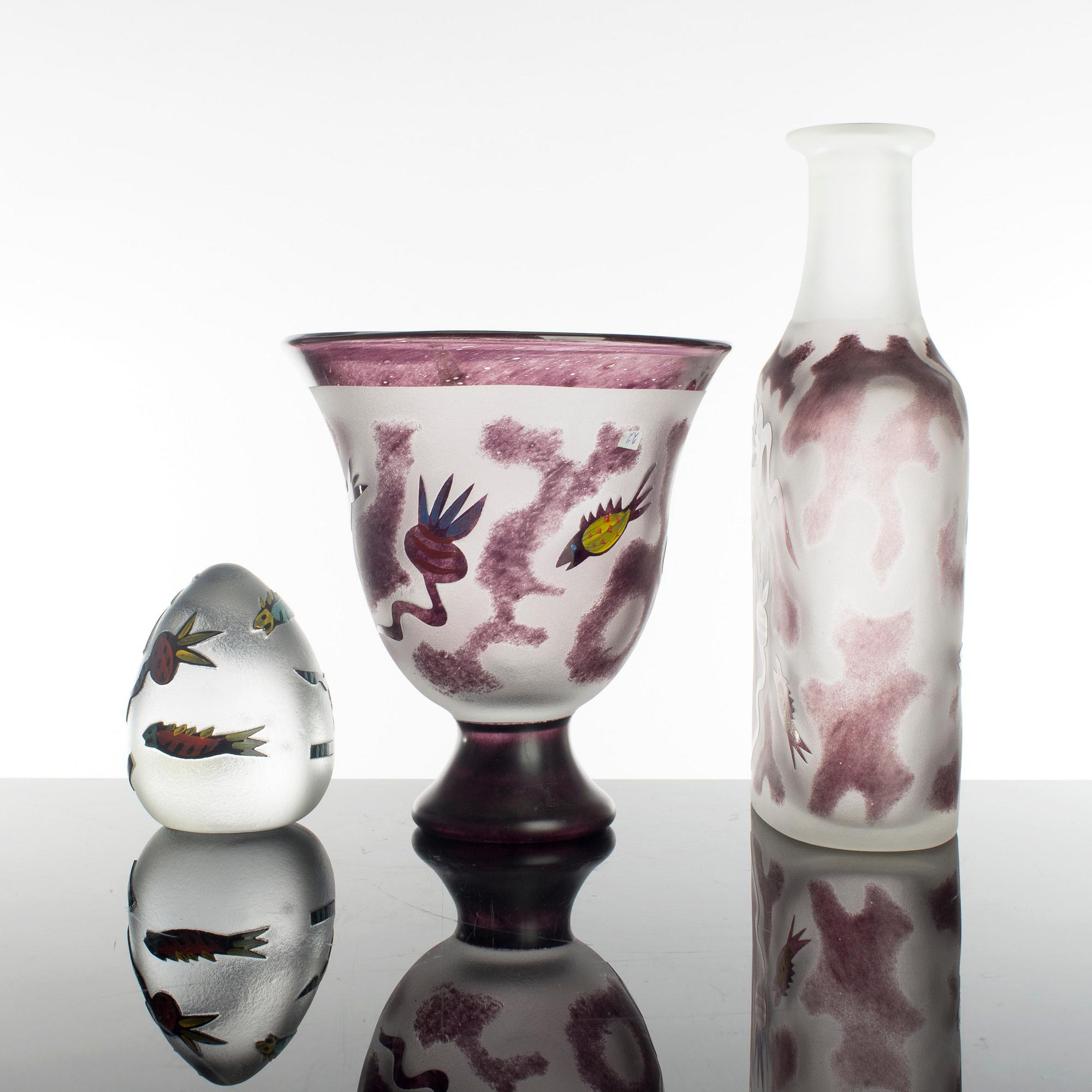 ULRIKA HYDMAN VALLIEN, 3 delar, glas, Kosta Boda, sign.