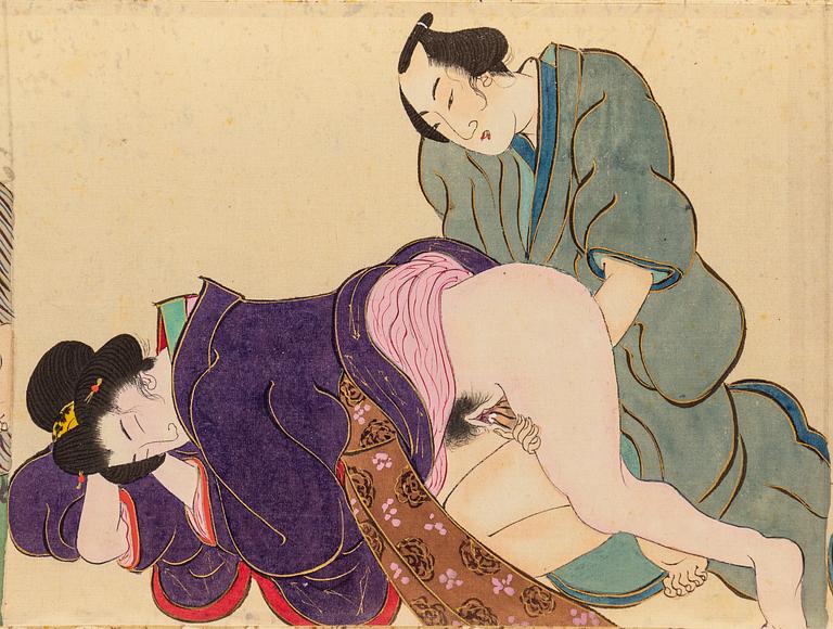 A makimono shunga scroll, ink and color on silk, Meiji (1868-1912).