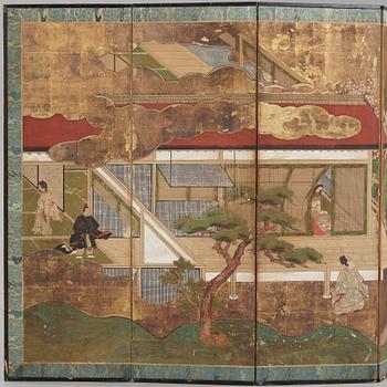 A Japanese six fold screen, Meiji (1868-1912).