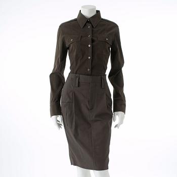 GUCCI, a three-piece suit consisting of jacket, shirt and skirt.