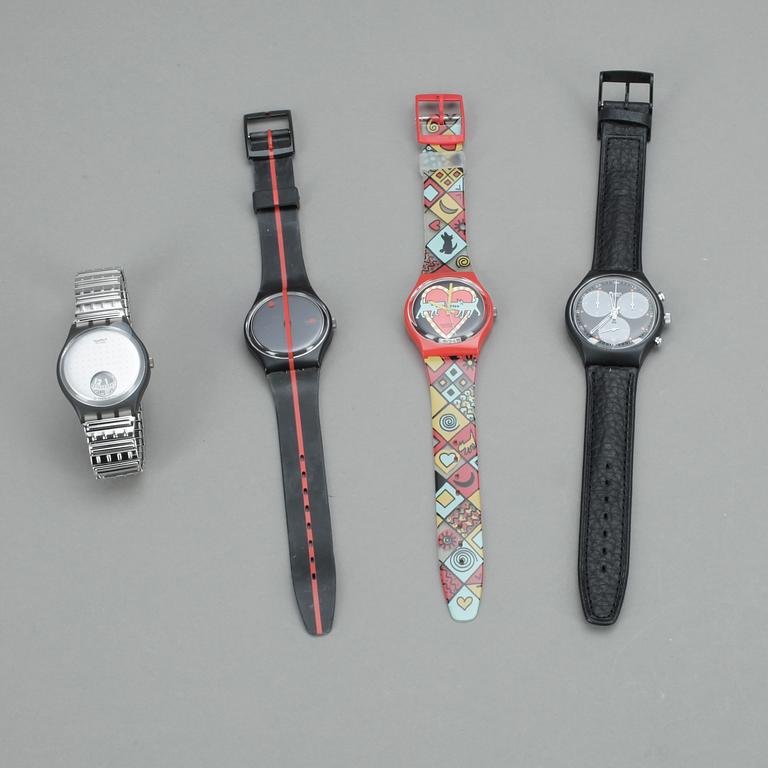 SWATCHKLOCKOR, 4st, "Wall Street", "Bark Bark", "360 Rouge Sur Blackout", "Silver Plate", plast, ca1991-1995.