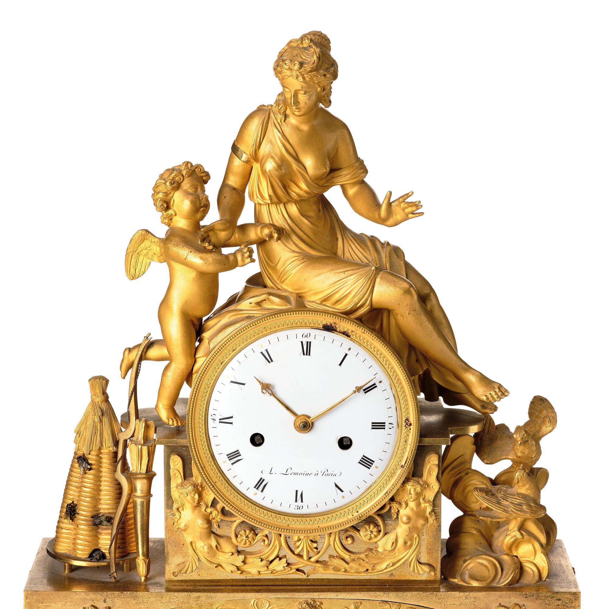 A French Empire mantel clock marked A. Lemoine Paris (1812-1822).