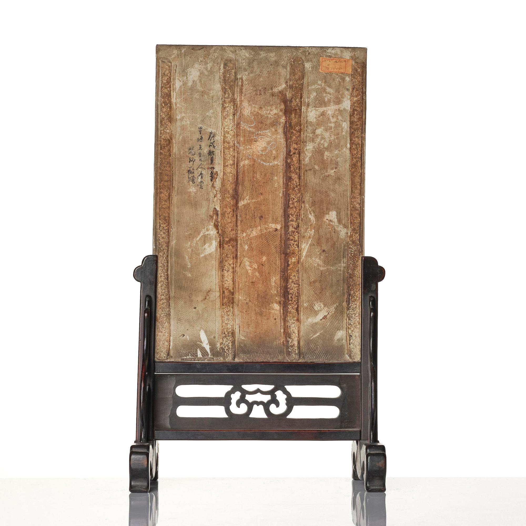 A Chinese famille rose porcelain table screen with hardwood stand, 20th century.