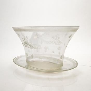 Edward Hald, Bowl with saucer, glass, Orrefors, 1920s.