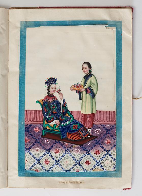 Album comprising 12 export gouaches on pith paper, portraying the Chinese court, Qing dynasty, late 19th Century.